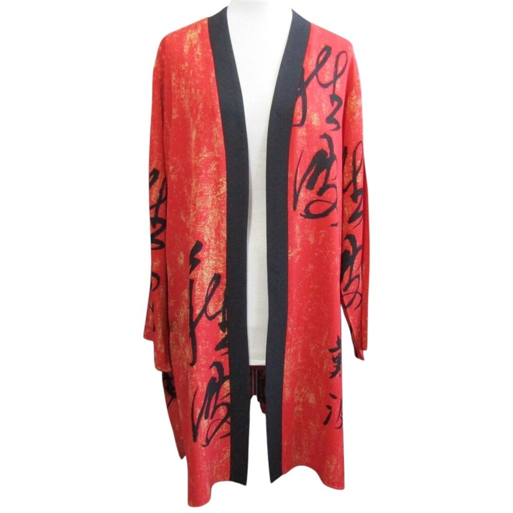 Ann Namba 100% Silk Red Black Gold Asian Print Open Front Kimono Cardigan Sz XL